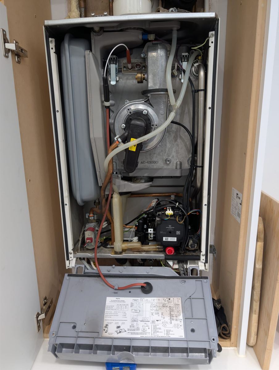 Alpha combi boiler with the front casing removed during a service, showing the fan, gas valve and circulating pump